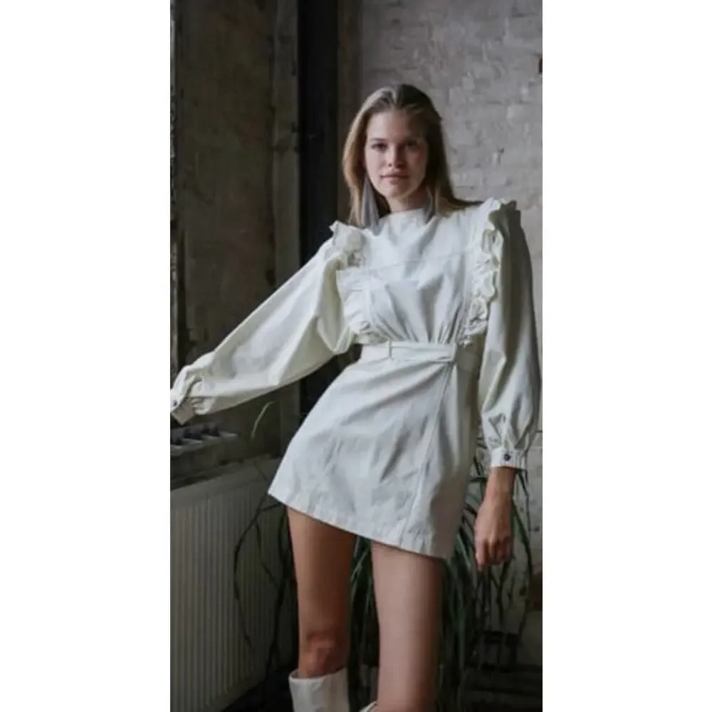 Free People Imogene Mini Dress Ecru White Cotton Ruffle Zipper Cream Sz S New